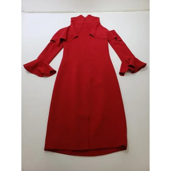 Rickie Freeman Teri Jon Womens Dress Mock Neck Peep Shoulder Flounce Red Size 2